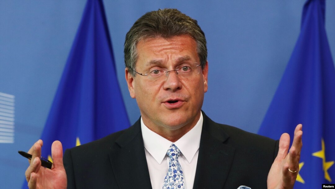 EU Commissioner for Energy Maros Sefcovic attends a news conference after gas talks between the European Union, Russia and Ukraine at the EU Commission headquarters in Brussels, Sept. 19, 2019. 