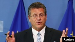 EU Commissioner for Energy Maros Sefcovic attends a news conference after gas talks between the European Union, Russia and Ukraine at the EU Commission headquarters in Brussels, Sept. 19, 2019. 