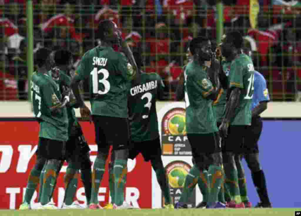 Zambia's players celebrate after scoring against Equatorial Guinea  during their African Nations Cup soccer match in Malabo January 29, 2012.