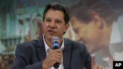 Fernando Haddad, presidential candidate for the Workers' Party, speaks to foreign journalists in Sao Paulo, Brazil, Oct. 18, 2018. Haddad will face Jair Bolsonaro in a presidential runoff on Oct. 28.