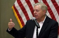 U.S. Senator Lindsey Graham speaks during a press conference at the Resolute Support headquarters in Kabul, Afghanistan, Monday, Dec. 16, 2019. In a surprise visit to Afghanistan, U.S. Senator Lindsey Graham said Monday that President Donald Trump…