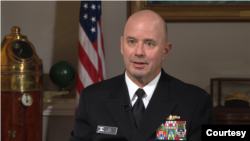 Acting Vice Chief of Naval Operations Admiral Jim Kilby speaks with VOA in an exclusive interview at the Pentagon in February 2025. (Courtesy Adam Greenbaum)