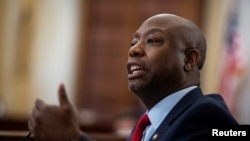 U.S. Senator Tim Scott (R-SC) speaks during a Senate Small Business Committee hearing on coronavirus relief aid and "Implementation of title I of the CARES Act.", in Washington, June 10, 2020.