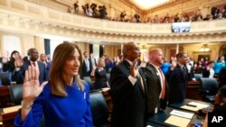 Virginia House of Delegates Speaker Eileen Filler-Corn, a Democrat, takes the oath of office during opening ceremonies of the 2020 Virginia General Assembly at the Capitol in Richmond, Virginia, Jan. 8, 2020.