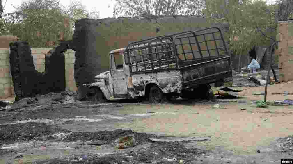 A vehicle used by Islamist militants is pictured damaged after what Nigerian authorities said was heavy fighting between security forces and the militants in Baga.