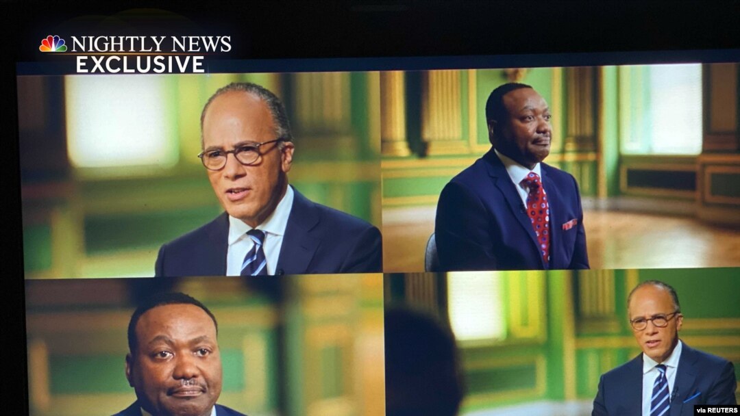 Lt. Michael Byrd of the U.S. Capitol Police, lower left and upper right, who fatally shot Ashli Babbitt during the Jan. 6 attack on the Capitol, speaks with Lester Holt on "NBC Nightly News" in an interview that aired Aug. 26, 2021.