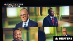 Lt. Michael Byrd of the U.S. Capitol Police, lower left and upper right, who fatally shot Ashli Babbitt during the Jan. 6 attack on the Capitol, speaks with Lester Holt on "NBC Nightly News" in an interview that aired Aug. 26, 2021.