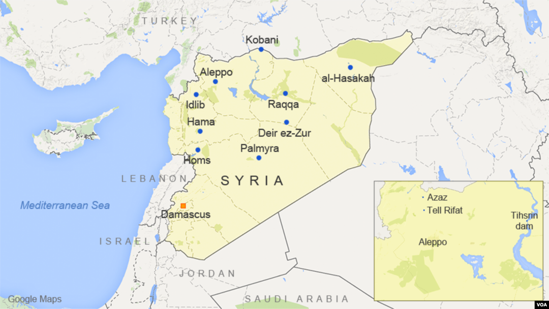 Peta wilayah Suriah dengan lokasi kota Aleppo, Azaz, Tell Rifat, dan waduk Tihsrin.
