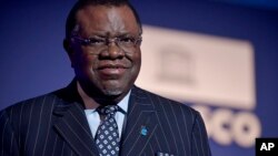 FILE — Namibia's President Hage Geingob returns after delivering a speech during celebrations marking the 75th anniversary of the United Nations Educational, Scientific and Cultural Organization at the UNESCO headquarters in Paris, Nov. 12, 2021