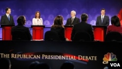 Kandidat Presiden dari Partai Republik Rick Santorum, Michele Bachmann, Newt Gingrich dan Mitt Romney dalam Debat Capres di Rochester, Michigan yang ditayangkan CNBC (9/11).