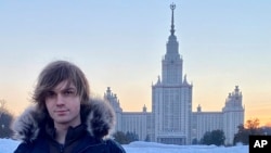 Tulane University senior Zavier Ridgley stands for a self-portrait in front of Moscow State University in Moscow, Russia, in January 2022.