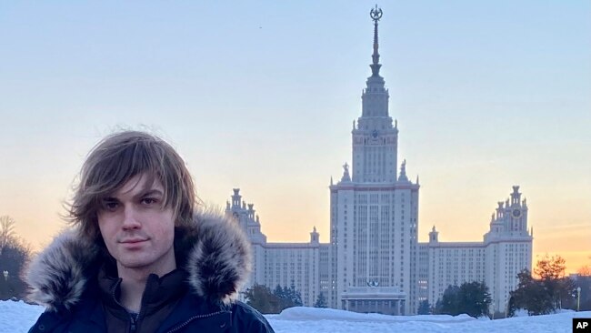 Tulane University senior Zavier Ridgley stands for a self-portrait in front of Moscow State University in Moscow, Russia, in January 2022.