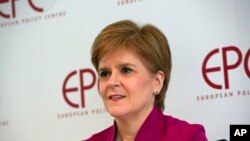 FILE - Scotland's First Minister Nicola Sturgeon speaks during an event 'Scotland's European Future after Brexit' at the European Policy Center in Brussels, Feb. 10, 2020.