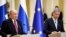 Russian President Vladimir Putin (L) and Finland's President Sauli Niinisto are seen at their joint press conference in the Presidential Palace in Helsinki, Finland, Aug. 21, 2019. Putin is on an official visit to Finland.