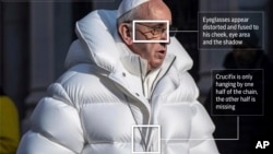 The following photo-illustrated graphic highlights a few notable areas of an AI-deepfake of Pope Francis. (AP)