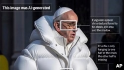 На графическом изображении показан пример разоблачающий подделку образа Папы Франциска на дипфейке, созданном при помощи искусственного интеллекта.