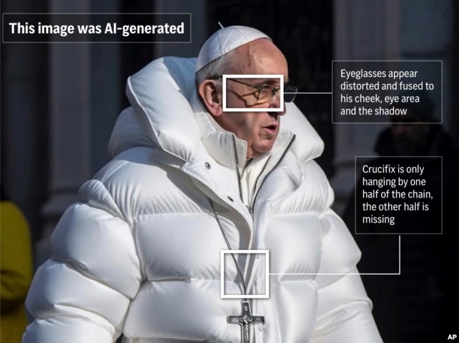 The following photo-illustrated graphic highlights a few notable areas of an AI-deepfake of Pope Francis. (AP)