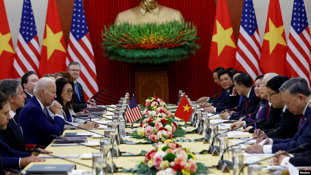 Tổng thống Mỹ Joe Biden trong cuộc họp với Tổng bí thư Đảng Cộng sản Việt Nam Nguyễn Phú Trọng tại Hà Nội vào ngày 10/9/2023.
