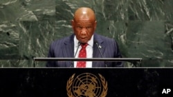 Lesotho's Prime Minister Thomas Motsoahae Thabane addresses the 74th session of the United Nations General Assembly, Friday, Sept. 27, 2019.