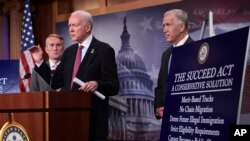 Sen. Orrin Hatch, R-Utah, center, flanked by Sen. James Lankford, R-Okla., left, and Sen. Thom Tillis, R-N.C., talk about the legislation they are introducing regarding the legal status of undocumented children during a news conference on Capitol Hill in Washington, Sept. 25, 2017. 