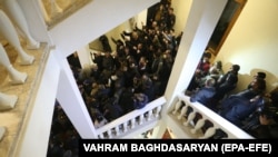 Protestors against the end of war in the Nagorno-Karabakh storm the government house in Yerevan, Armenia, 10 November 2020