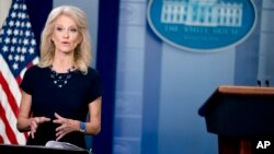 FILE - Counselor to the President Kellyanne Conway speaks on television in the Briefing Room at the White House in Washington, May 14, 2018. 