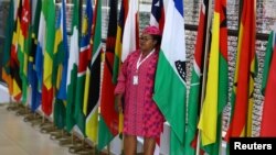 A delegate poses in front of flags during the opening of the U.S.-sub-Saharan Africa trade forum to discuss the future of the African Growth and Opportunity Act, AGOA, at the NASREC conference center in Johannesburg, South Africa, November 3, 2023. 