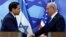 U.S. Secretary of State Marco Rubio and Israeli Prime Minister Benjamin Netanyahu shake hands during a joint press conference at the prime minister's office in Jerusalem on February 16, 2025.