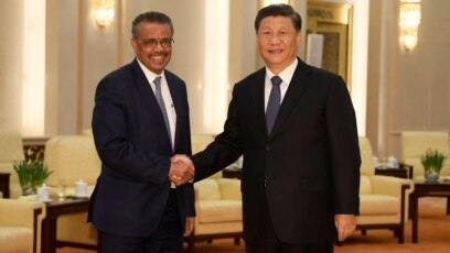 Tổng giám đốc Tedros Adhanom Ghebreyesus trong cuộc gặp với Chủ tịch Trung Quốc Tập Cận Bình khi tới Trung Quốc cuối tháng Một năm nay.