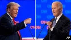 ARCHIVO - Esta combinación de fotografías muestra al entonces candidato presidencial republicano Donald Trump y al presidente Joe Biden durante un debate organizado por CNN, el 27 de junio de 2024 en Atlanta. 