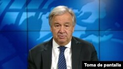 Toma del mensaje de video sobre políticas sobre COVID-19 del secretario general de la ONU,Antonio Guterres, el 7 de octubre de 2020.