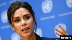 Victoria Beckham berbicara dalam konferensi pers di markas besar PBB di New York (24/9). (Reuters/Shannon Stapleton)