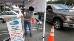 A poll worker wearing personal protective equipment deposits a Vote-by-Mail ballot for a voter, Monday, Aug. 3, 2020, at a poling station at the Miami-Dade County Elections Department in Miami. Monday marked the first day of early voting for the…