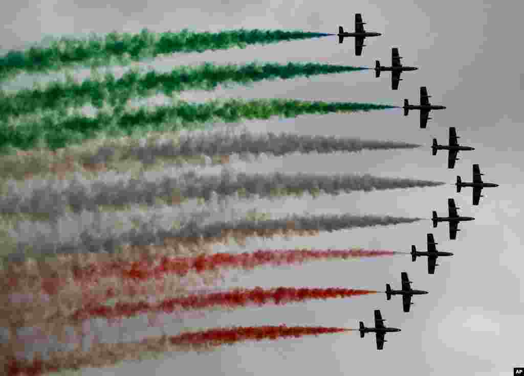The Frecce Tricolori Italian Air Force aerobatic team performs during the Airpower 19 airplane show in Zeltweg, Styria, Austria.