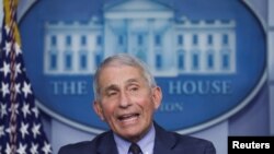 FILE - Dr. Anthony Fauci, director of the National Institute of Allergy and Infectious Diseases, speaks during a briefing by the White House coronavirus task force about the state of the coronavirus disease (COVID-19) pandemic in the United States.