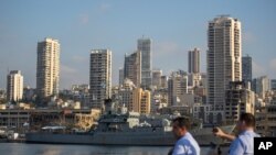 An United Nations Maritime Task Force ship docks near the site of the Aug. 4 explosion that killed more than 170 people and caused widespread destruction, in Beirut, Lebanon, Aug. 13, 2020. 