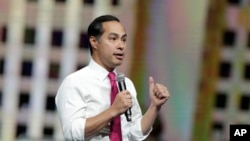 FILE - Julian Castro speaks during the Iowa Democratic Party's Liberty and Justice Celebration, Nov. 1, 2019, in Des Moines, Iowa.