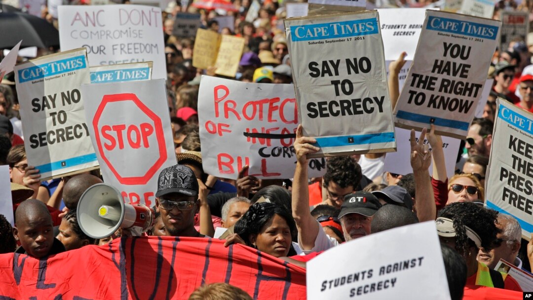 Demonstrators in South Africa in 2011 protest a measure to restriction informational freedom.