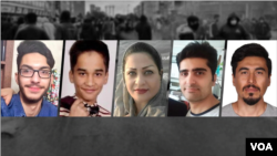 Undated images of five Iranians among hundreds killed by Iranian security forces who crushed nationwide antigovernment protests in November 2019. From left to right: Arsham Ebrahimi, Mohammad Dastankhah, Ameneh Shahbazi, Pouya Bakhtiari and Nasser Rezaei.