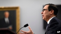 Treasury Secretary Steven Mnuchin testifies on Capitol Hill in Washington, March 11, 2020, before a House Appropriations subcommittee hearing on the FY'21 budget. 
