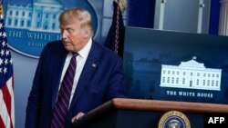 President Donald Trump departs a news conference at the White House on Sept. 4, 2020, in Washington.