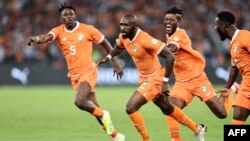 Ivory Coast's Seko Fofana (C) celebrates after scoring his team's first goal during the Africa Cup of Nations 2024 group A football match against Guinea-Bissau at the Alassane Ouattara Olympic Stadium in Ebimpe, Abidjan, Jan. 13, 2024. 