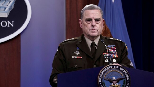 FILE - Joint Chiefs of Staff Chairman General Mark Milley holds a news briefing at Pentagon in Arlington, Virginia, Aug. 18, 2021.