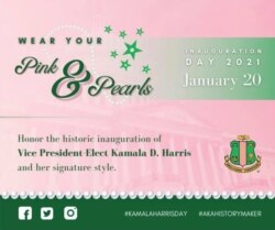 Invitación del club Alpha Kappa Alpha, la hermandad de Kamala Harris en la universidad Howard de Washington DC donde se graduó, para usar perlas y el color rosa el 20 de enero, en honor de la investidura de la vicepresidenta de EE. UU.