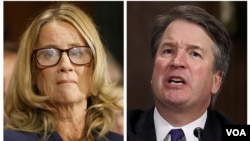 In this combination image of Reuters photos, Christine Blasey Ford, left, and Supreme court nominee Brett Kavanaugh testify separately before the Senate Judiciary Committee on Capitol Hill in Washington, Sept. 27, 2018. 