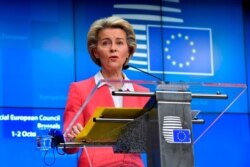 FILE - European Commission President Ursula von der Leyen speaks during a press conference at an EU summit in Brussels, Oct. 2, 2020.