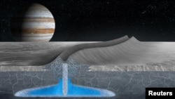 An artist's image provided by Stanford University shows how double ridges on the surface of Jupiter's moon Europa may form over near-surface bodies of water within the ice shell, in this handout image obtained by Reuters on April 18, 2022. (Justice Blaine Wainwright/Handout via REUTERS)