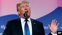 President Donald Trump speaks to the 2017 Value Voters Summit, Friday, Oct. 13, 2017, in Washington. 