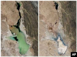 Combinación de fotos de satélite de la NASA muestran el Lago Poopo. A la izquierda, una foto de abril de 2013, a la derecha, una imagen de enero de 2016. Bolivia. Archivo AP.