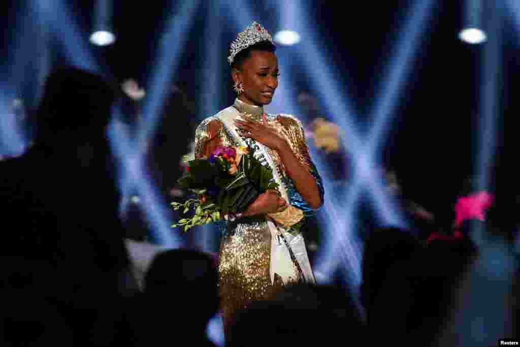 Zozibini Tunzi of South Africa reacts after winning the 2019 Miss Universe pageant at Tyler Perry Studios in Atlanta, Georgia, Dec. 8, 2019.